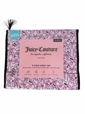 Juicy Couture Queen 6 Piece Sheet Set Pink Cherry Bow Print Cherries Bows Pink
